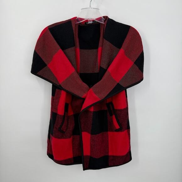 Yacun Buffalo Plaid Open Front Sleeveless Cardigan Vest Red Black Check Size L - Picture 1 of 6